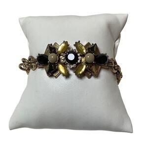 J.Crew Gold Tone Rhinestone Flower Cluster Chunky Chain Statement Bracelet A4-51